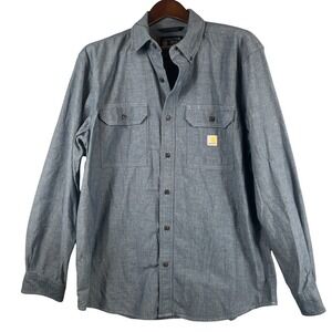 Carhartt Mens L Loose Fit Long Sleeve Button Down Work Shirt Blue Gray Cotton